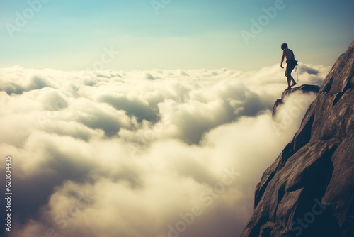 Landscape, business concept. Person standing on the top of the mountain above the clouds. Panoramic view with copy space. Person reached goal and success in life. Generative AI