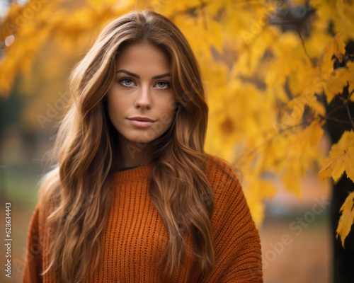 beautiful woman with long hair in an autumn park