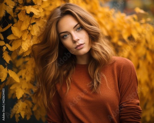 beautiful woman with long hair in front of autumn leaves
