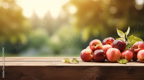 Foto Ripe apple harvest And Empty wooden table with rural background