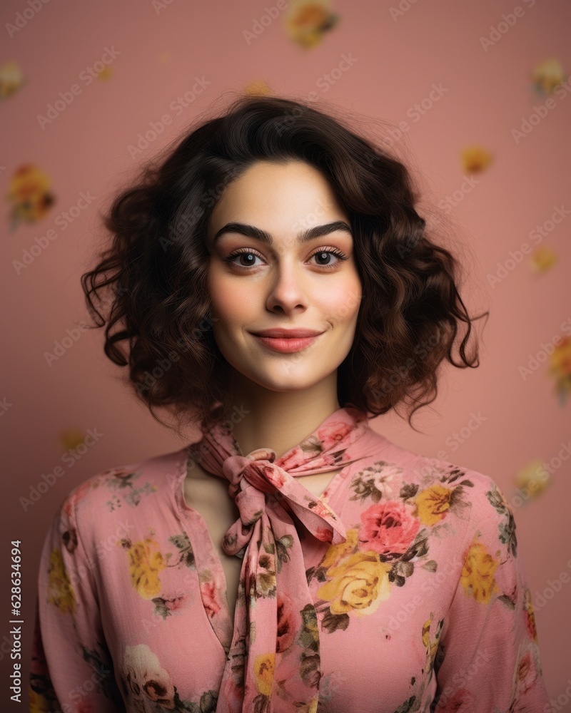beautiful young woman with curly hair wearing pink floral blouse on pink background