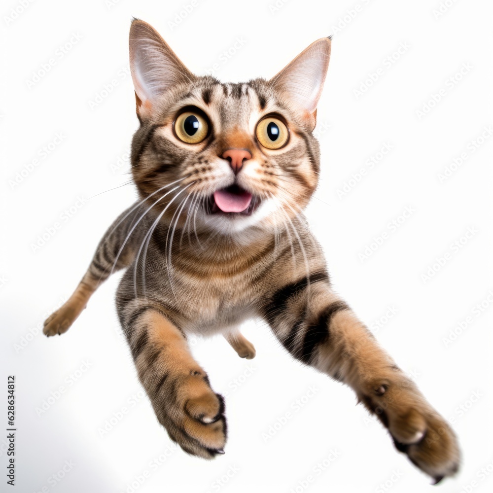 Obraz premium bengal cat jumping in the air on a white background