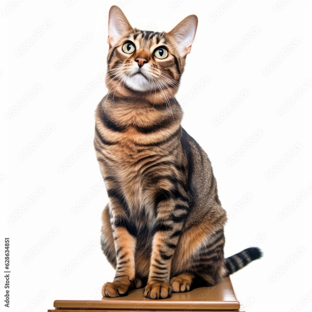 bengal cat sitting on top of a table looking up