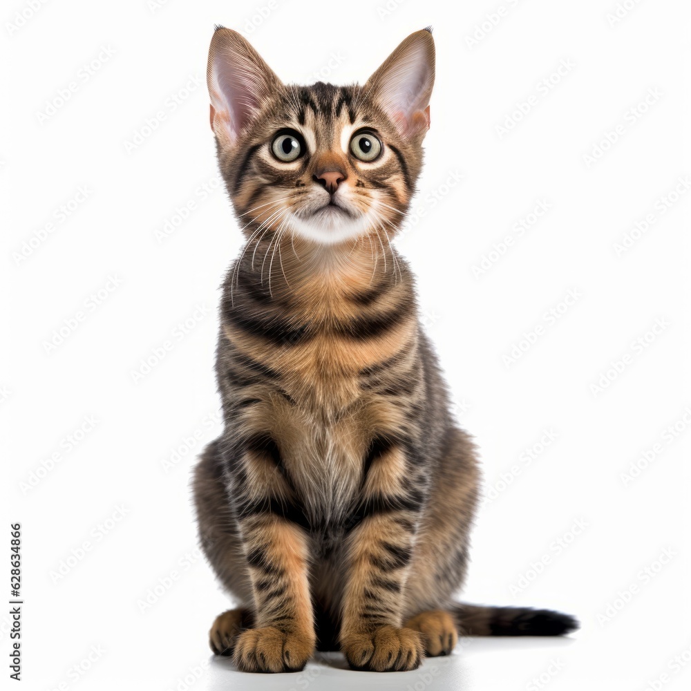 bengal kitten sitting on white background looking up at the camera