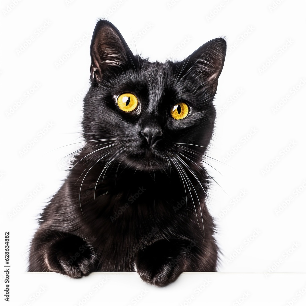 black cat with yellow eyes on white background
