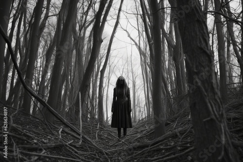 black and white photo of a woman walking in the woods
