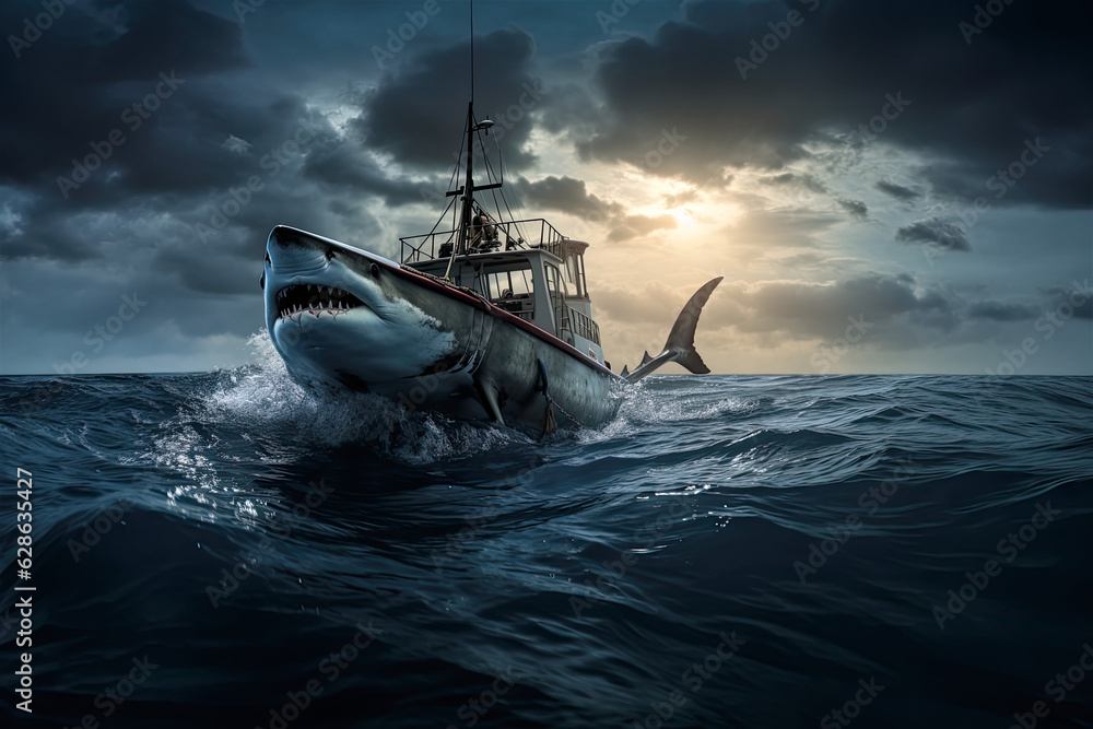 Fototapeta premium shark boat in the sea.