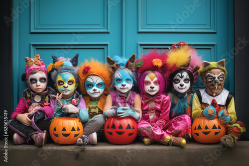 Children dressed in a colorful Halloween costumes and their faces adorned with whimsical makeup and masks ready to collect their Halloween bounty