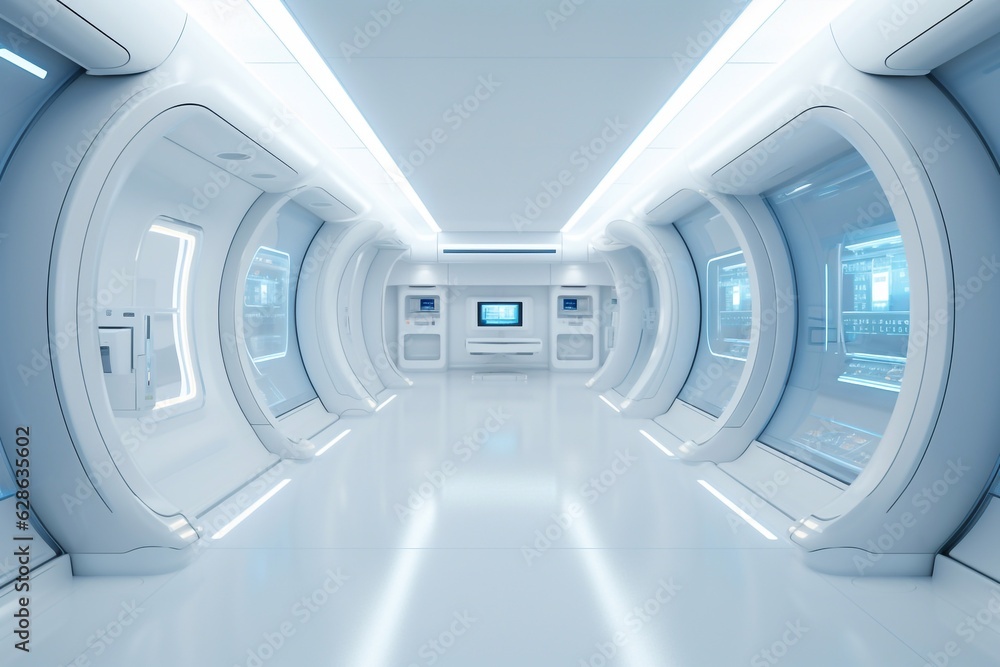 White corridor, tunnel in spaceship or future building. Generated AI White corridor, tunnel in spaceship or future building. Generated AI
