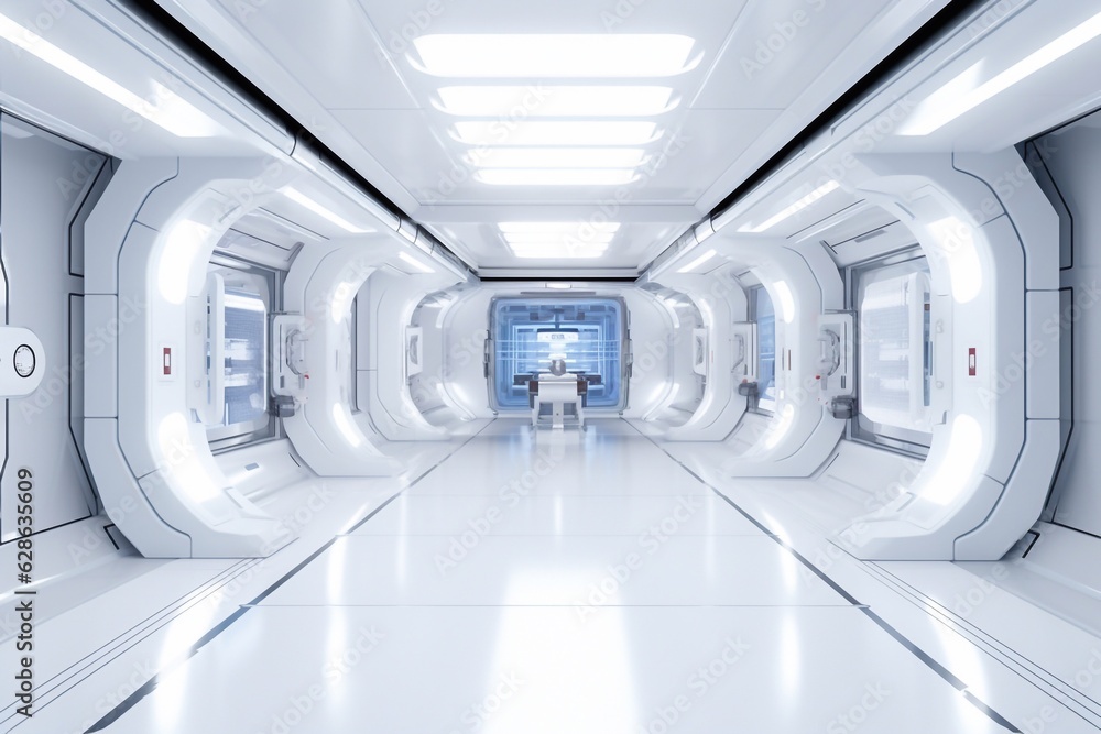 White corridor, tunnel in spaceship or future building. Generated AI White corridor, tunnel in spaceship or future building. Generated AI