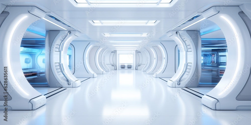 White corridor, tunnel in spaceship or future building. Generated AI White corridor, tunnel in spaceship or future building. Generated AI