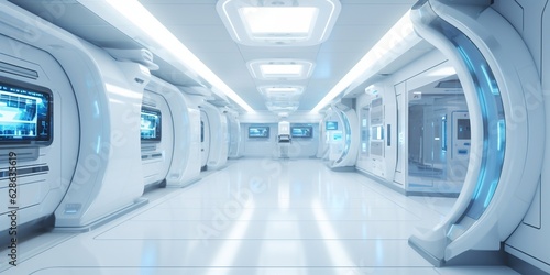 Fototapeta White corridor, tunnel in spaceship or future building