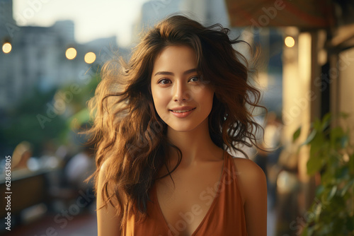 Beautiful Asian woman in a dress on the background of the city. AI generative