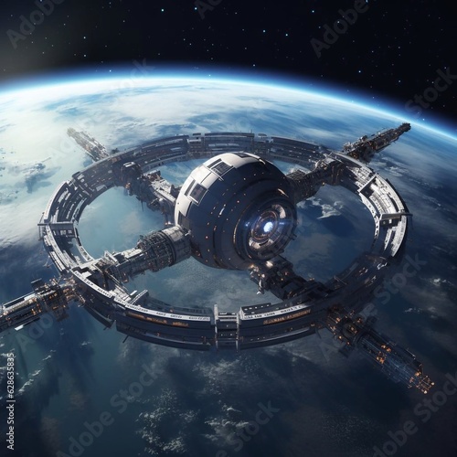 Fantastic spaceship in the space on planets and stars background. Generated AI © Mykhaylo