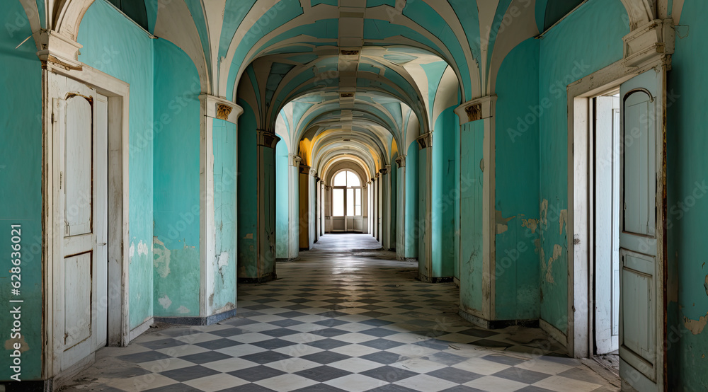 corridor in old abandoned building, hospital.