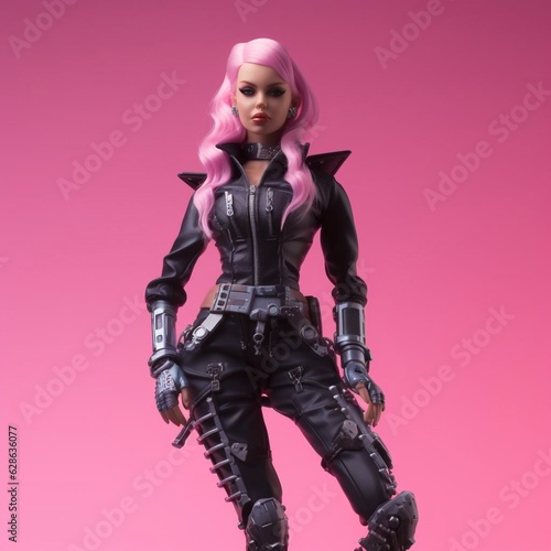 Cyber woman model posing in pink studio