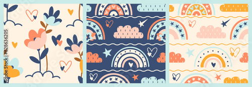 Bohemian and floral Scandinavian baby collection of hand drawn doodle seamless patterns. Flowers, rainbow, sun, hearts, stars. Positive aesthetic for bedroom. Gift wrapping paper on baby shower
