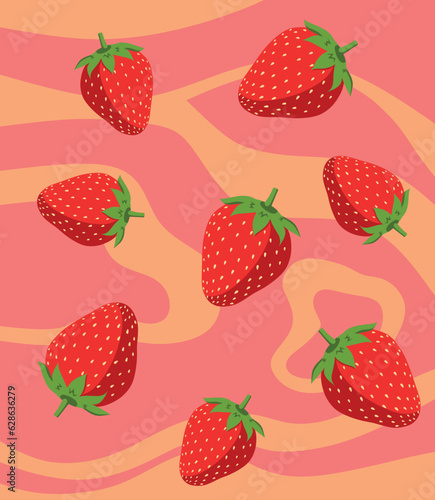 Bright seamless pattern with big juicy strawberries on pink-caramel waved background
