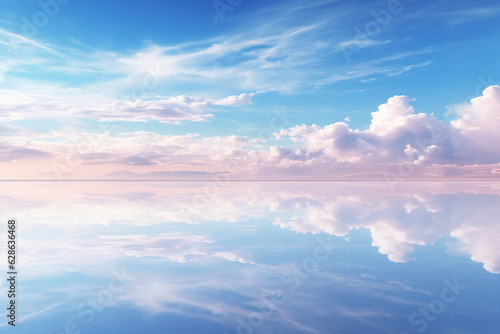 Surreal landscape of a mirrored salt flat, where sky and earth converge.