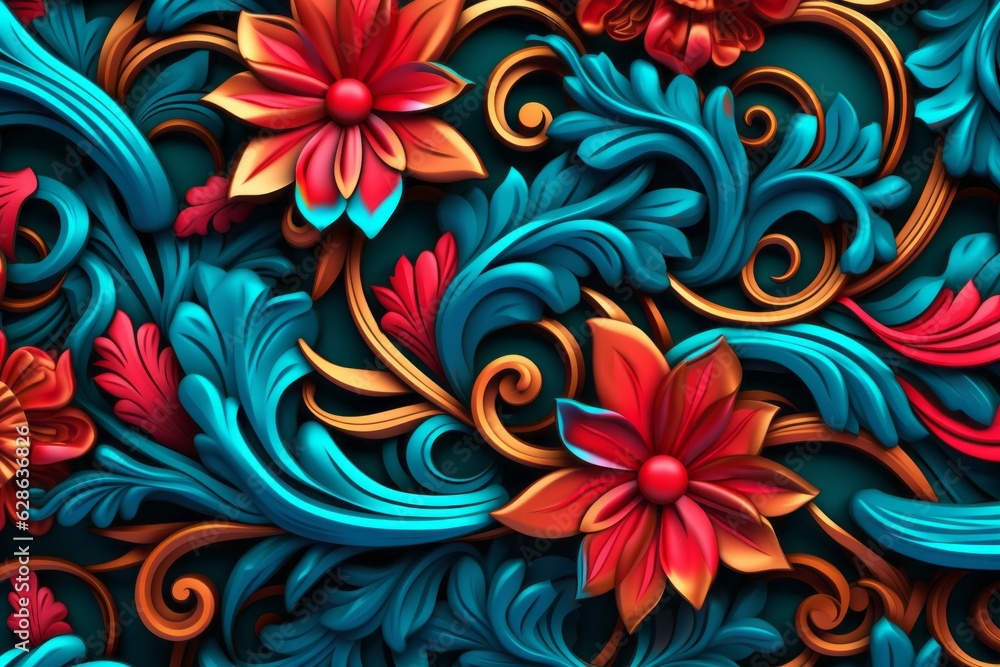colorful floral pattern with swirls and swirls on a blue background