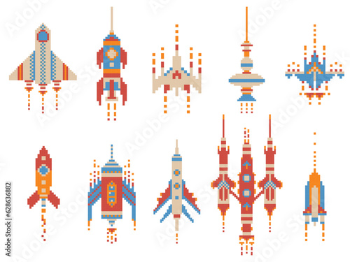 Retro Space Flying Rockets and Ships Pixelart Set