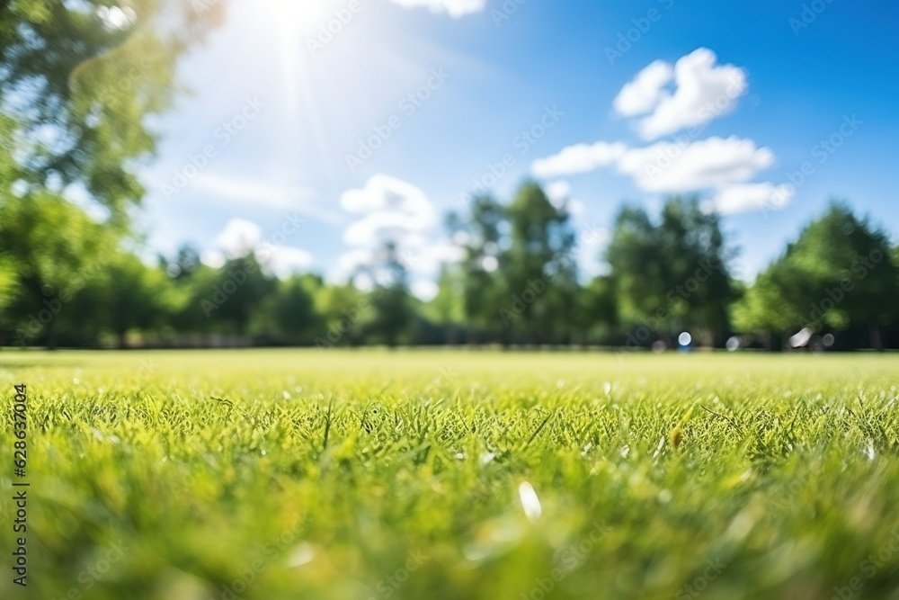 Beautiful blurred background image of spring nature with a neatly trimmed lawn surrounded by trees against a blue sky with clouds on a bright sunny day generative AI