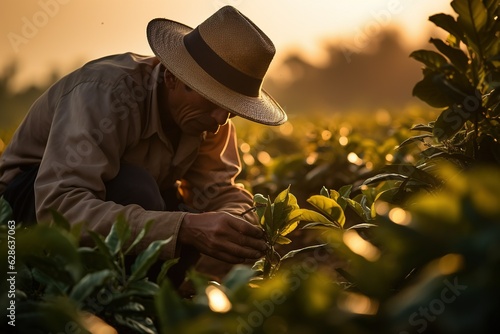 Farmer working on coffee field at sunset outdoor generative AI