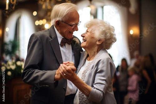 Happy dancing romantic loving old couple at the wedding created generative AI