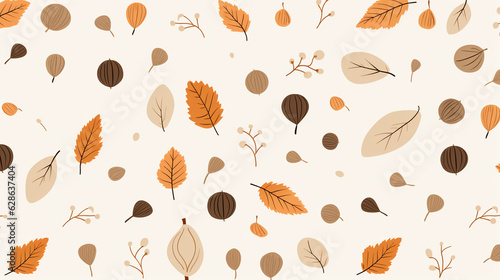 Minimalist Doodles Wallpaper Pattern - Acorns, Nuts, Dried Fall and Autumn Leaves and Branches on Light Cream and Beige Background - Thanksgiving, Halloween, Autumnal Seasonal Concept - Generative AI