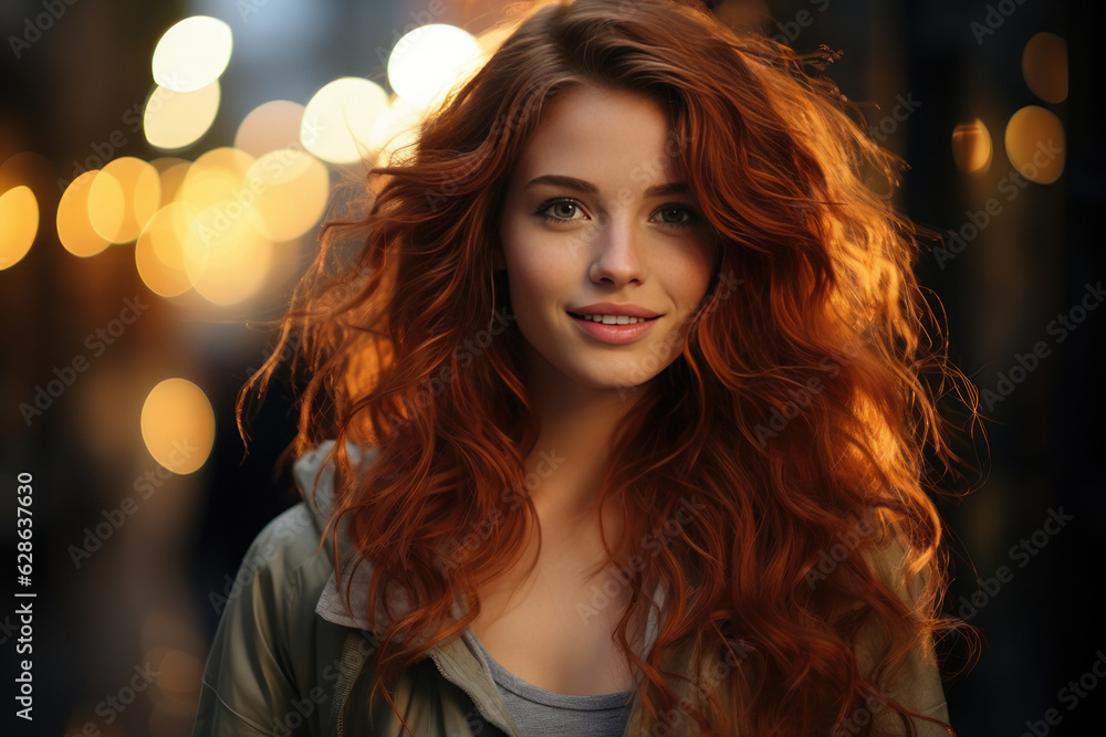 Beautiful woman with red hair on the background of the evening city. AI generative.