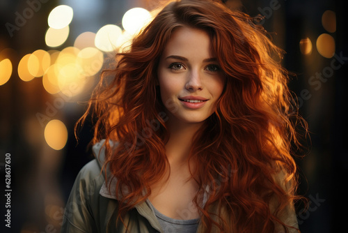 Beautiful woman with red hair on the background of the evening city. AI generative.