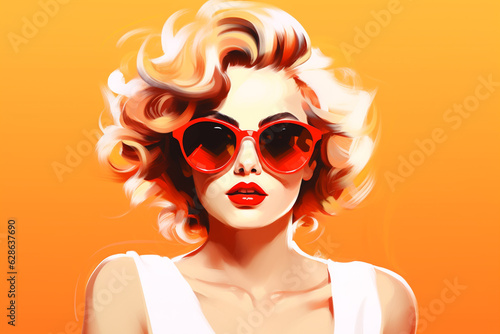 Beaut, fashion and style concept. Retro style fashion woman wearing trendy sunglasses portrait illustration. Illustrative minimalistic design. Pin up girl fashion style. Generative AI