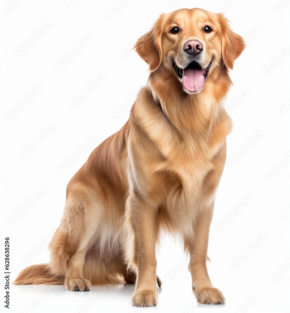 golden retriever sitting in front of white background