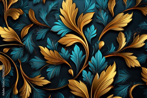 golden leaves and flowers on a dark blue background