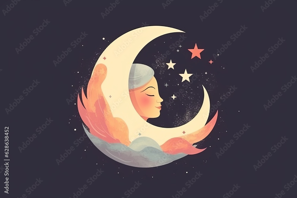 illustration of a woman sleeping on a crescent moon with stars and clouds illustration of a woman sleeping on a crescent moon with stars and clouds