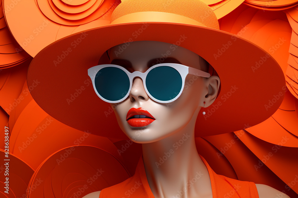 Beaut, fashion, travel, summer and vacation concept. Retro style fashion woman wearing trendy sunglasses portrait illustration. Minimalistic design in 3d paper art style. Generative AI Beaut, fashion, travel, summer and vacation concept. Retro style fashion woman wearing trendy sunglasses portrait illustration. Minimalistic design in 3d paper art style. Generative AI