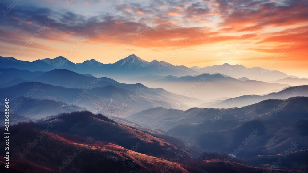 mountain landscape at sunset with clouds and mountains in the background