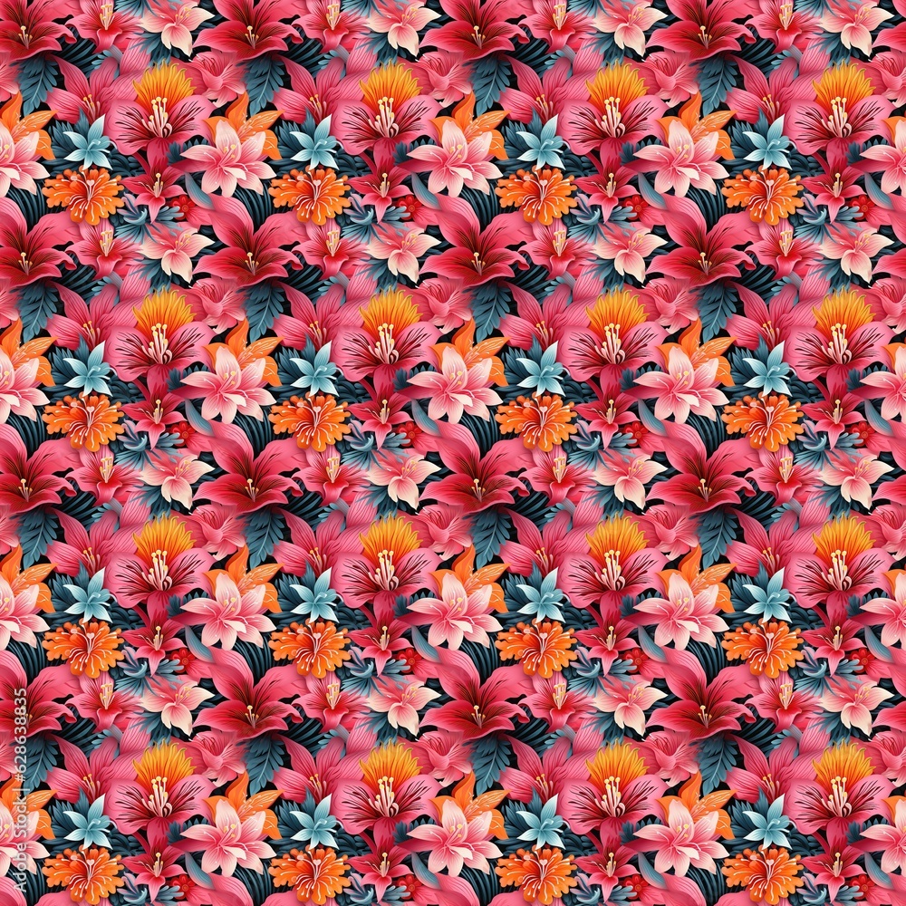 Seamless pattern with tropical flowers and leaves. Vector illustration. Tile Seamless pattern with tropical flowers and leaves. Vector illustration. Tile