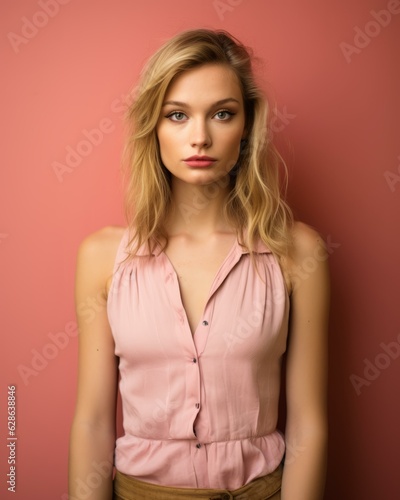 portrait of a beautiful blonde woman posing against a pink wall