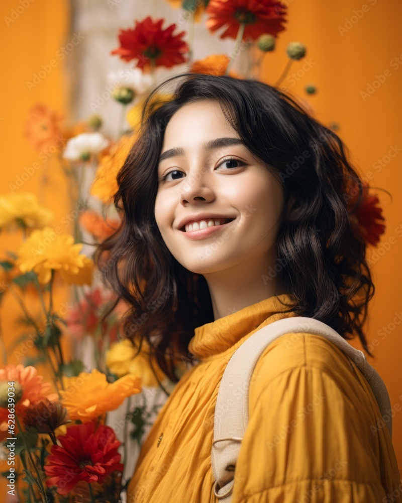 Naklejka premium portrait of a beautiful young woman with a bouquet of flowers on an orange background