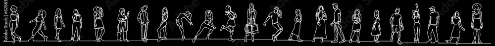 continuous line drawing vector illustration with FULLY EDITABLE STROKE of group of various positive diverse line people in a row on black background continuous line drawing vector illustration with FULLY EDITABLE STROKE of group of various positive diverse line people in a row on black background