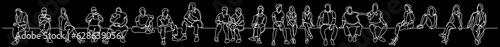 continuous line drawing vector illustration with FULLY EDITABLE STROKE of group of various positive diverse line people in a row on black background
