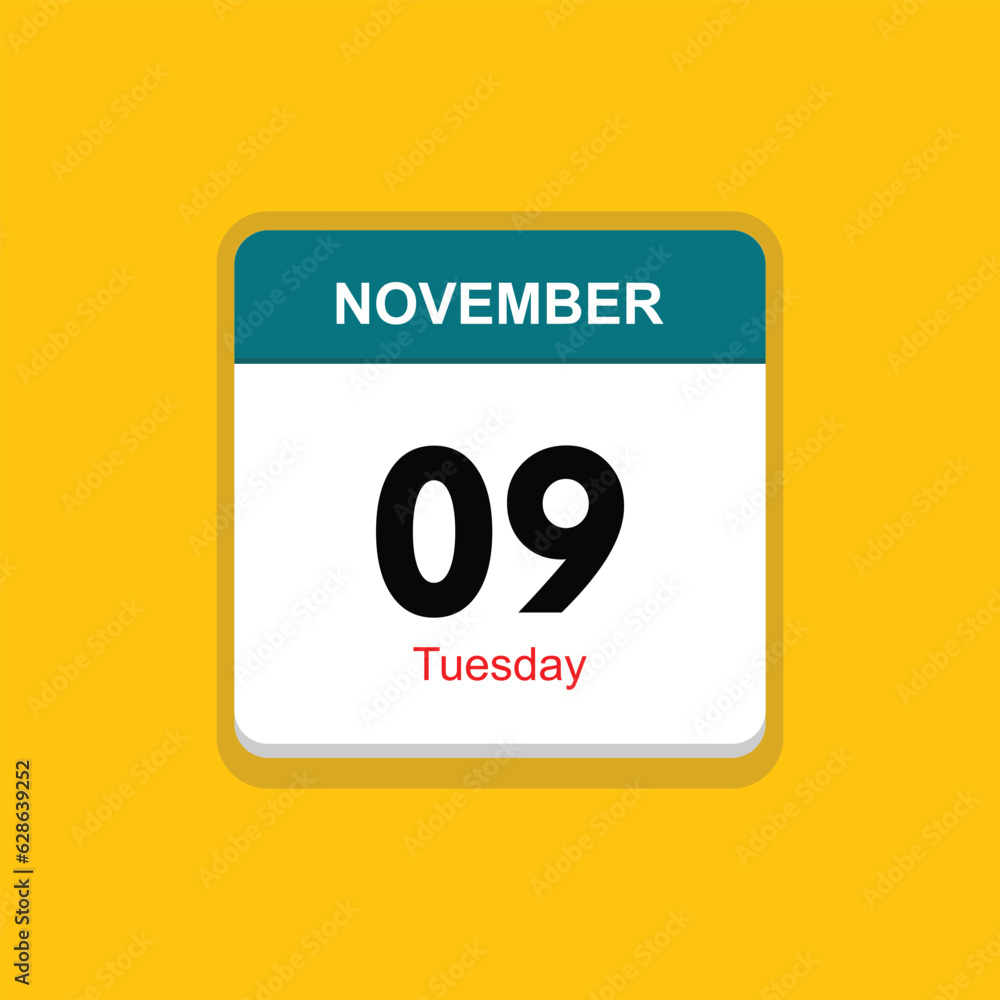 tuesday 09 november icon with yellow background, calender icon