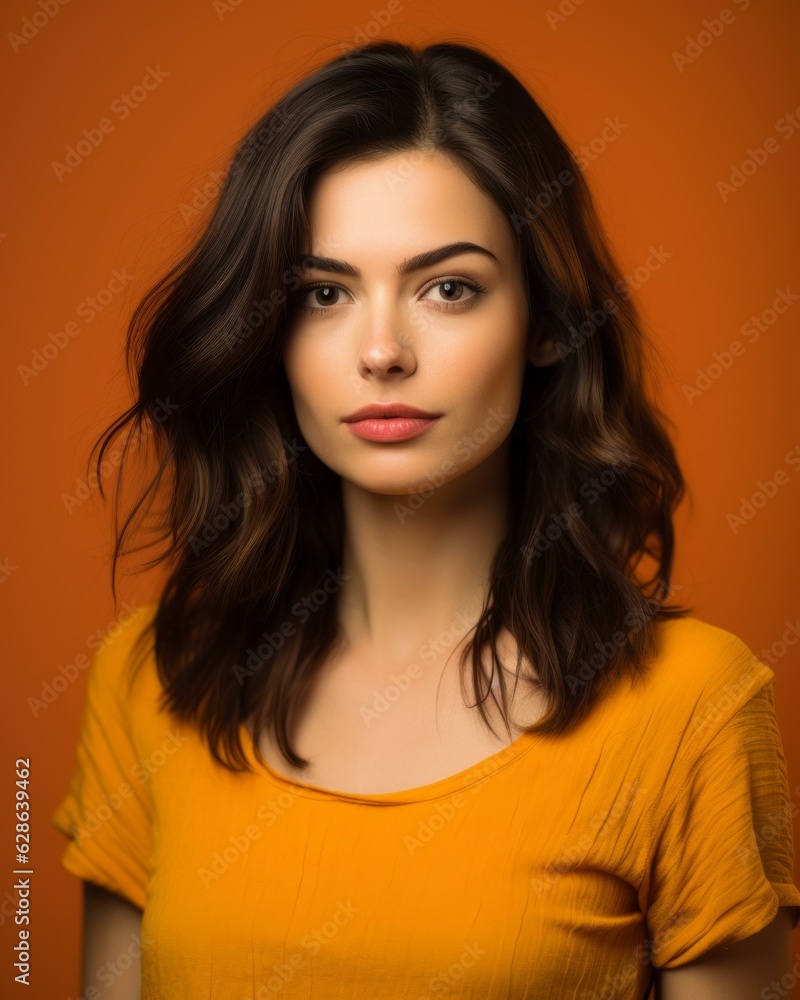 portrait of beautiful young woman with brown hair on orange background portrait of beautiful young woman with brown hair on orange background