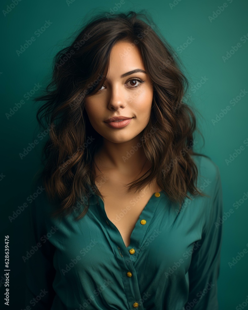 portrait of beautiful young woman with long wavy hair on green background portrait of beautiful young woman with long wavy hair on green background
