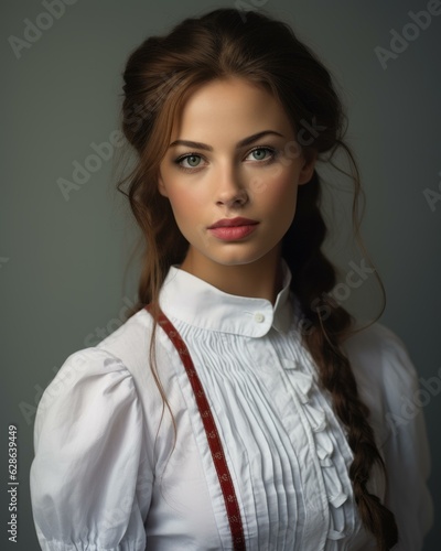 portrait of beautiful young woman with braids and white blouse on gray background