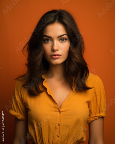 portrait of beautiful young woman with brown hair on orange background
