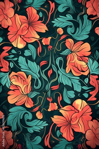 seamless floral pattern with orange flowers and leaves on a dark background