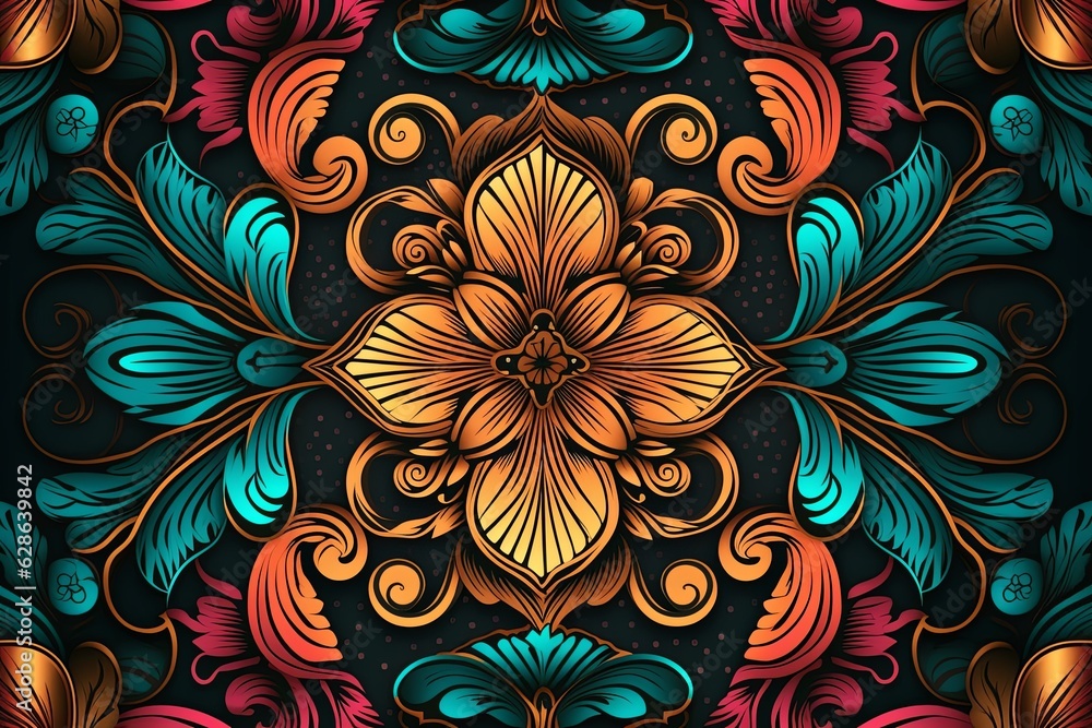 seamless pattern with colorful flowers and leaves on a black background seamless pattern with colorful flowers and leaves on a black background