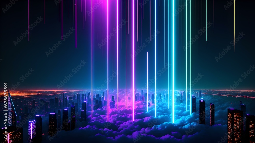 Photo of a city skyline illuminated by neon lights against a backdrop of clouds